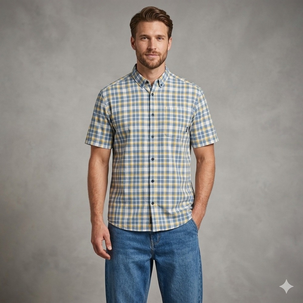 Columbia Mens Size XXL Plaid Shirt Blue Yellow Short Sleeve Button Up Casual